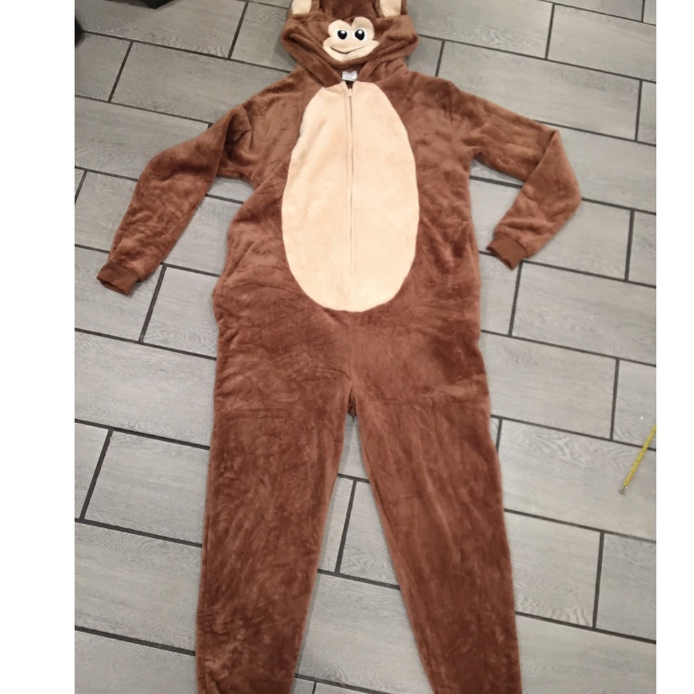 Loungeable Monkey Plush Hooded Pajamas Brown Fleece Union Suit Large